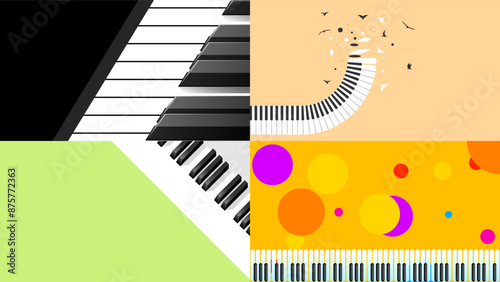 Set Abstract Collection Piano Keys Music Keyboard Instrument With Plants Brunch Botanical Doodle Outline Melt Song Melody Vector Design Style