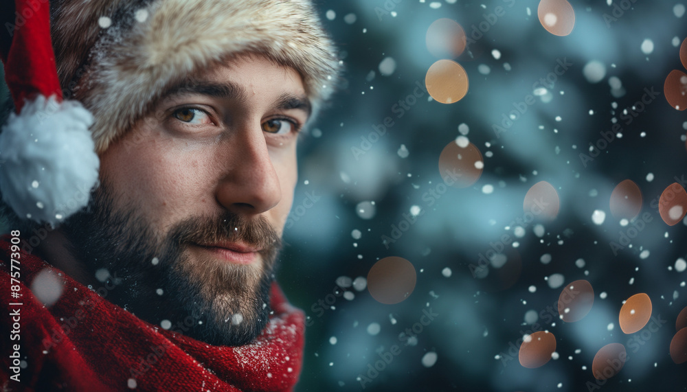 A bearded man in a Santa hat, smiling warmly, surrounded by falling snow and festive lights, evoking a cozy Christmas atmosphere. A bearded man in a Santa hat, smiling warmly, surrounded by falling snow and festive lights, evoking a cozy Christmas atmosphere.