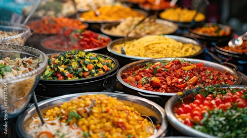 A vibrant scene of an international food market, with ready-to-eat meals from different cuisines on display. 