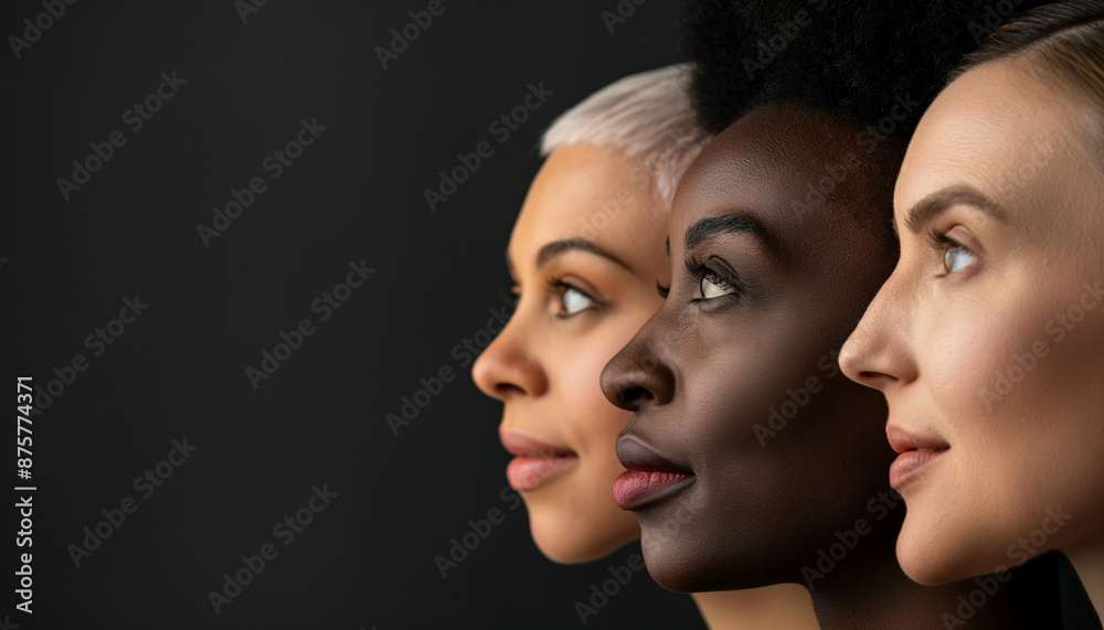Side profile view of three women with different skin tones, highlighting diversity and beauty against a dark background.