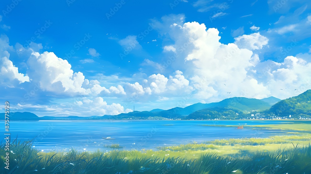 Obraz premium Tranquil Lake Scene with Lush Green Hills and Fluffy Clouds