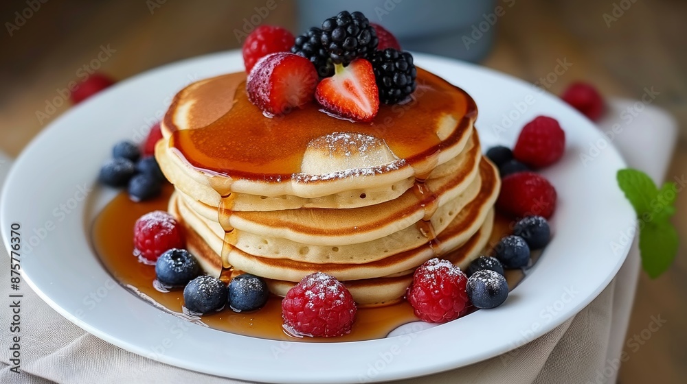 A stack of pancakes with berries and syrup on top. The plate is white and the pancakes are golden brown A stack of pancakes with berries and syrup on top. The plate is white and the pancakes are golden brown
