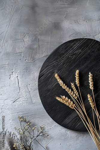 On a marble base, a round thin plate with an illustration of ears of grain photo