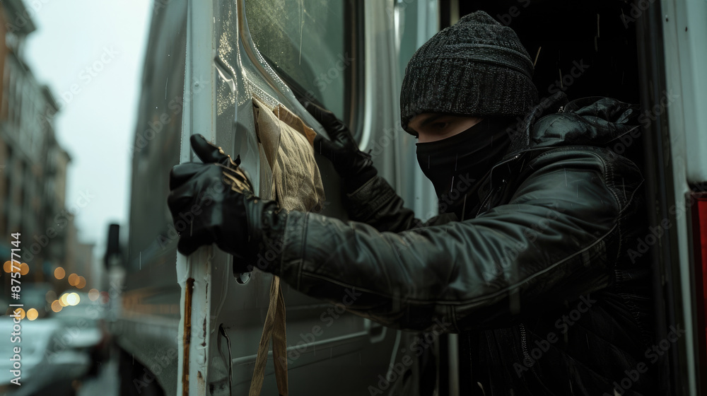 Man Wearing Black Jacket and Mask Accessing Truck Cargo Man Wearing Black Jacket and Mask Accessing Truck Cargo