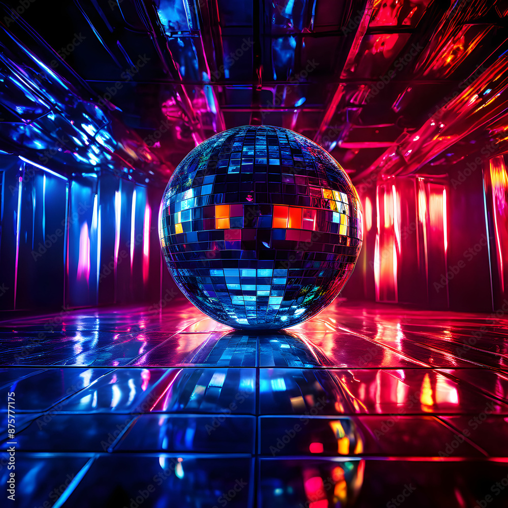 Mirrored blue disco room ball in  neon light
AI Generated