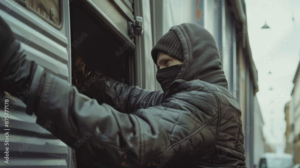Man Wearing Black Jacket and Mask Accessing Truck Cargo Man Wearing Black Jacket and Mask Accessing Truck Cargo