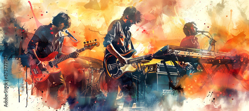 A watercolor painting depicting a rock band playing on stage, with the lead singer, guitarist, and keyboardist visible photo