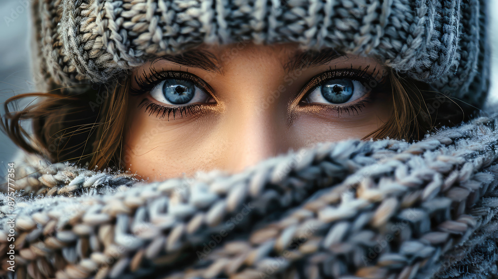 A close-up photo of a womans face partially covered by a knit hat and scarf, her piercing blue eyes looking directly at the viewer A close-up photo of a womans face partially covered by a knit hat and scarf, her piercing blue eyes looking directly at the viewer
