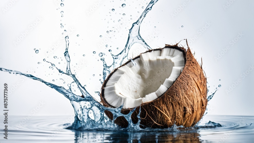 Promotional photo of a coconut in a splash of water on a white background. Promotional photo of a coconut in a splash of water on a white background.