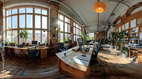 Business Consulting: A German business consultant in a collaborative workspace in Berlin, offering consulting services with panorama stitching to capture the entire team and their interactions photo