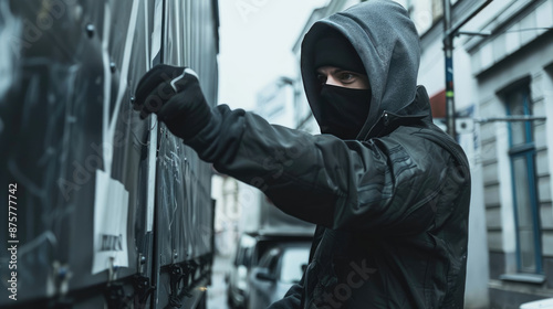 Man Wearing Black Jacket and Mask Accessing Truck Cargo