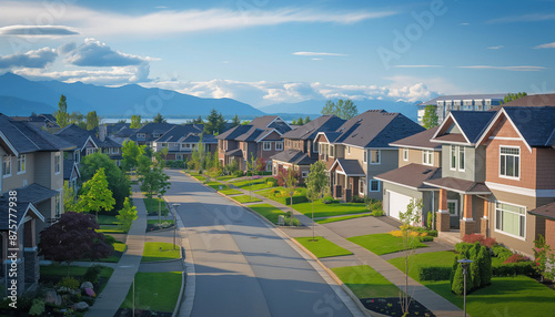 A peaceful suburban street with modern houses and manicured lawns, set against a backdrop of mountains