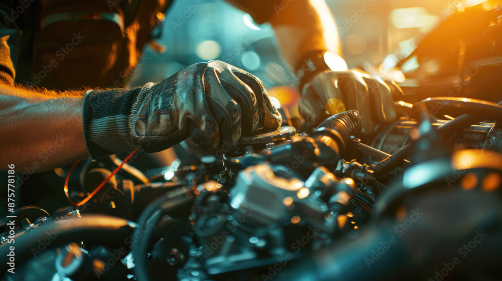 Close-Up of Mechanic's Hands in Gloves and Watch Repairing Car Engine Close-Up of Mechanic's Hands in Gloves and Watch Repairing Car Engine