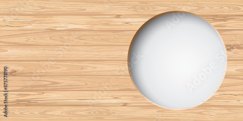 3D circle frame white color paper cut style with cut timber panels graphic rectangle background illustrated have blank space. Wooden whitewashed texture pattern with white round border template.