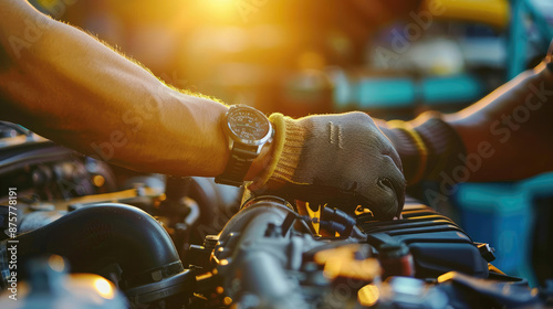 Close-Up of Mechanic's Hands in Gloves and Watch Repairing Car Engine