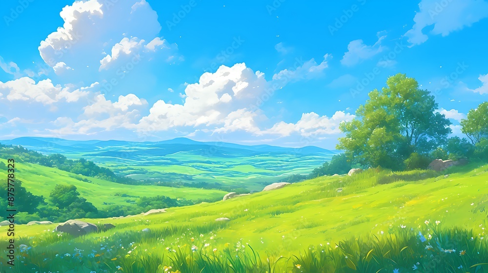 Obraz premium A beautiful green meadow with mountains in the background under a clear blue sky with white clouds