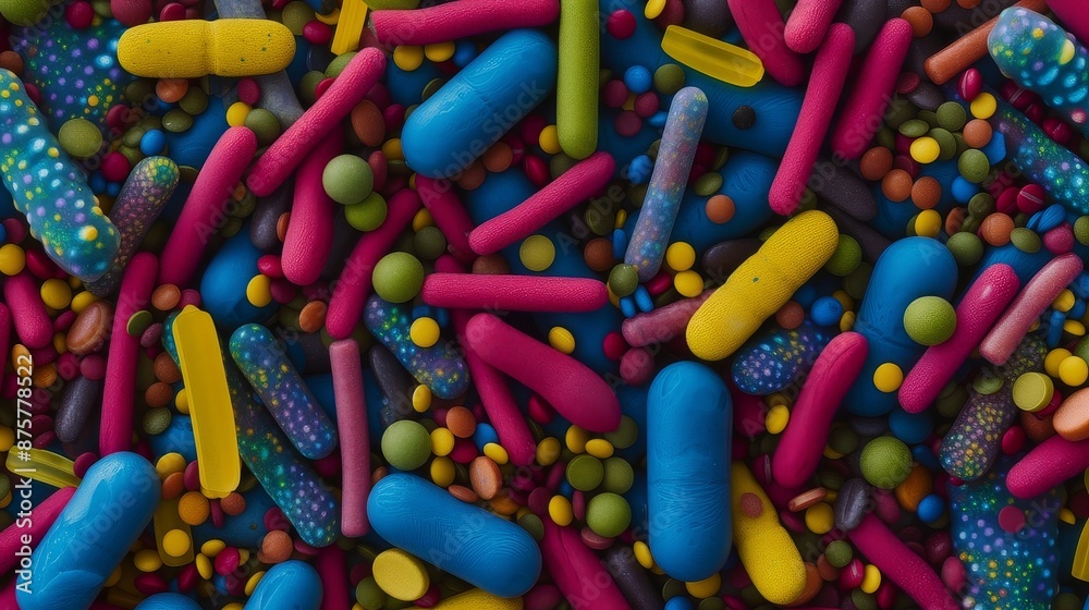 Colorful Topaz Candy Topped With Sprinkles, Scattered on a Flat Surface Colorful Topaz Candy Topped With Sprinkles, Scattered on a Flat Surface