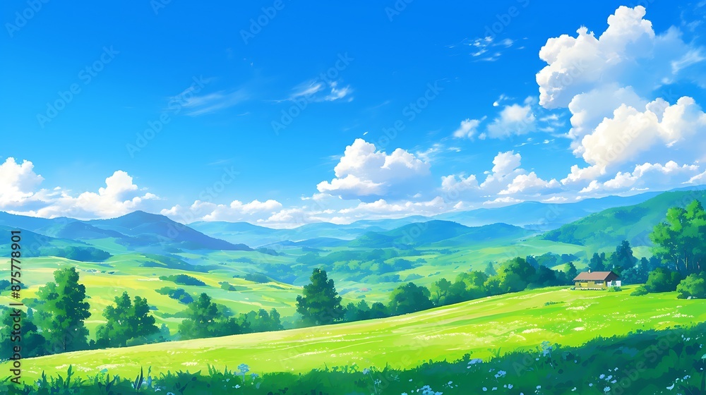Obraz premium A beautiful green meadow with mountains in the background under a clear blue sky with white clouds