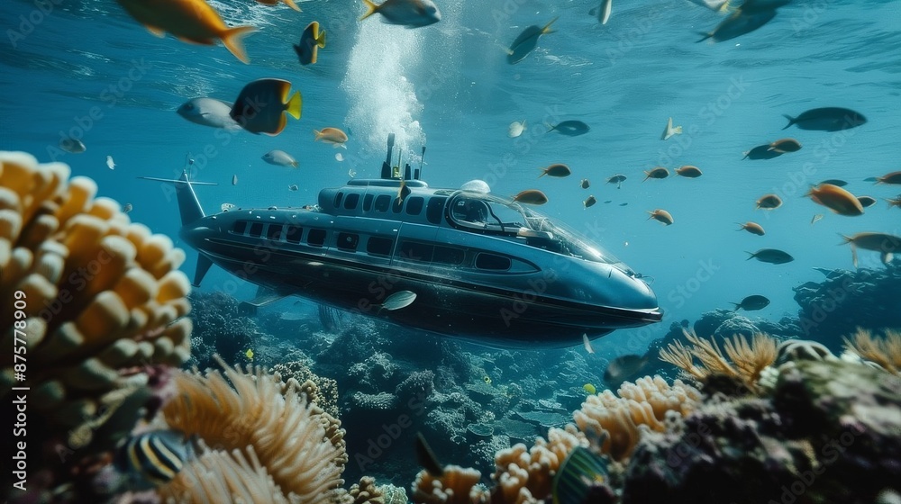 Fototapeta premium A Modern Submarine Navigates Through Tropical Reefs