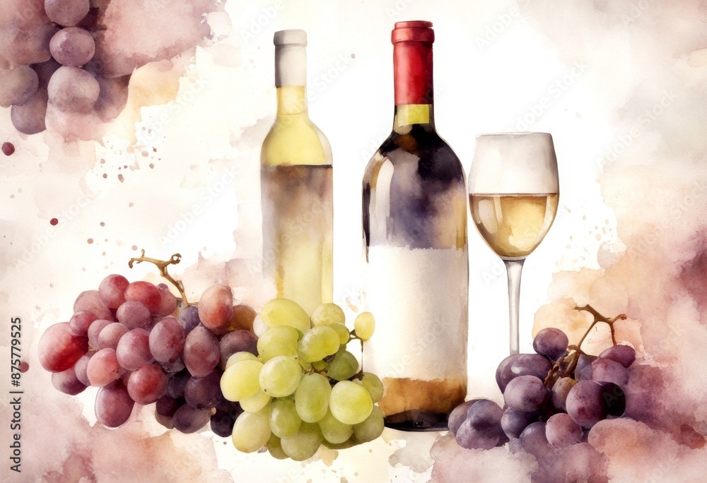 Fototapeta premium grapes hand red watercolor border illustration drink seamless drawn wine white alcohol bottle fruit alcoholic beverage splash frame picture