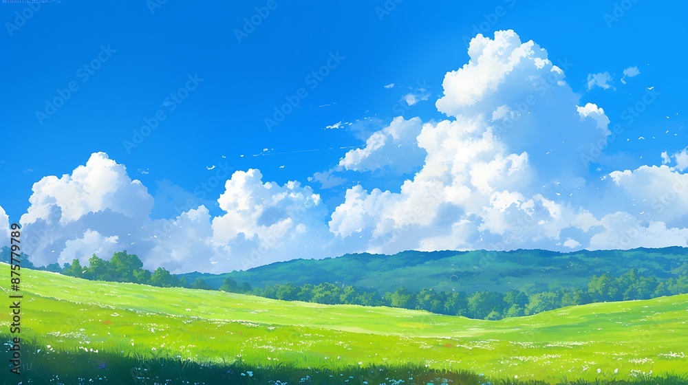 Fototapeta premium A beautiful green meadow with mountains in the background under a clear blue sky with white clouds
