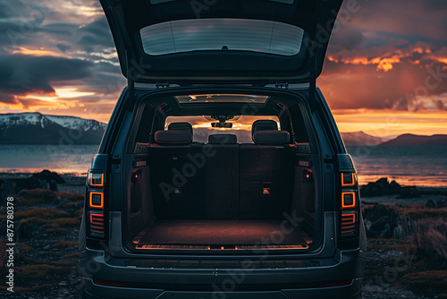 Open car trunk with scenic sunset background, ideal for adventure and travel concepts. © BetterPhoto
