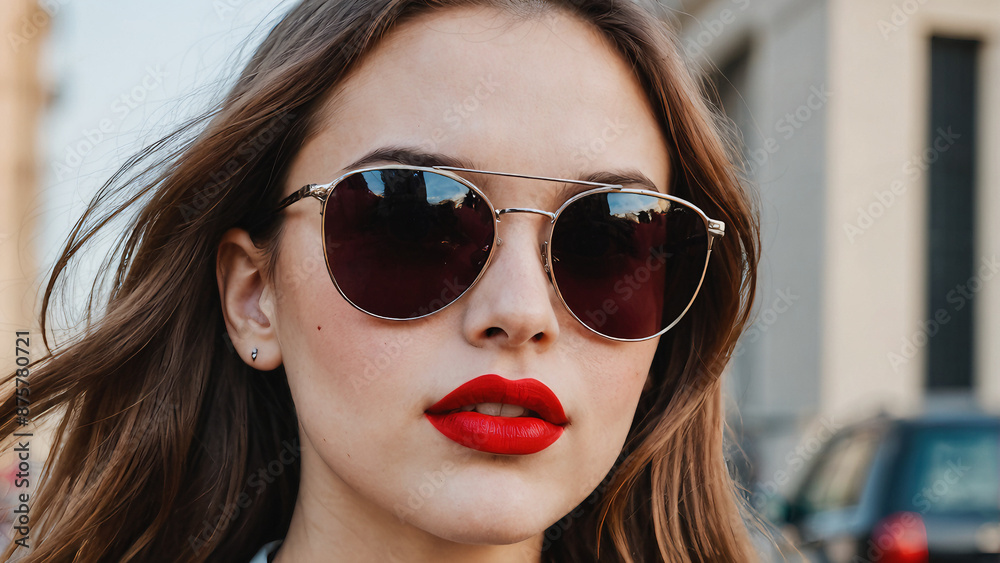 a sophisticated woman with thick sunglasses and red lipstick a sophisticated woman with thick sunglasses and red lipstick