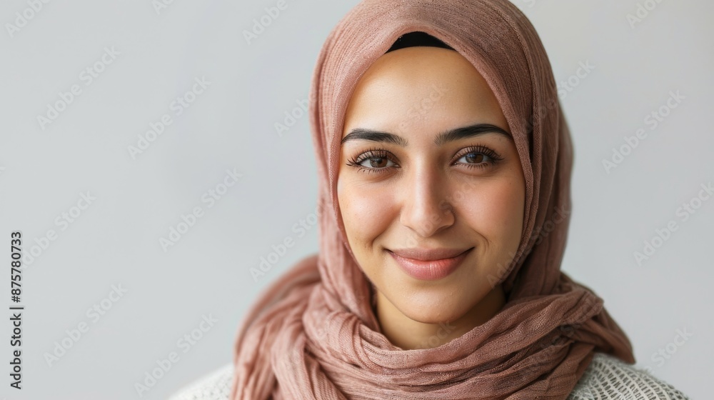 Portrait of a young Muslim woman in a brown hijab smiling at the camera Portrait of a young Muslim woman in a brown hijab smiling at the camera