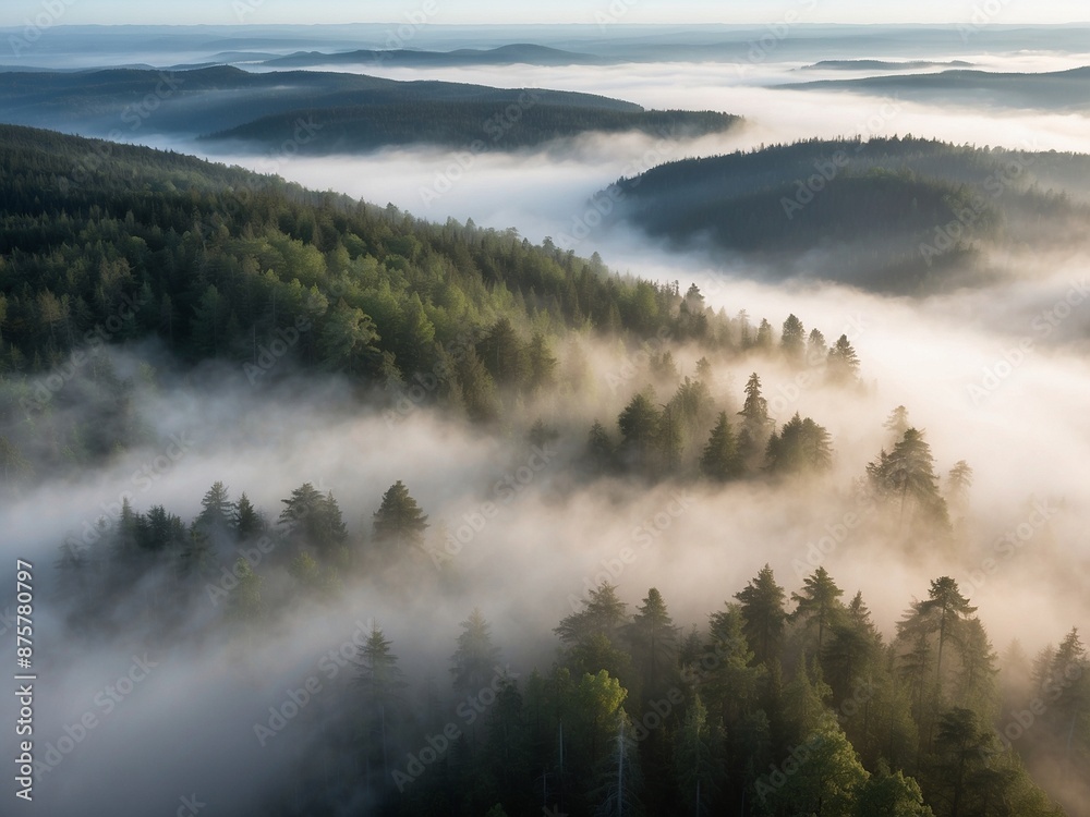 Aerial view of a misty forest on a foggy day. Aerial view of a misty forest on a foggy day.
