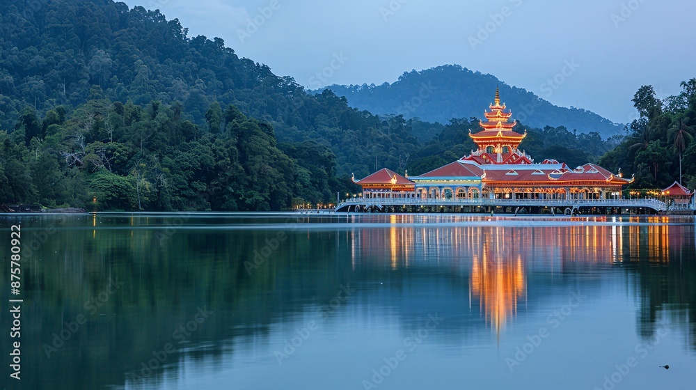 Obraz premium Peaceful riverside temple illuminated by lanterns and moonlight offering a serene retreat during The Moon Festival for spiritual reflection Stock Photo with copy space