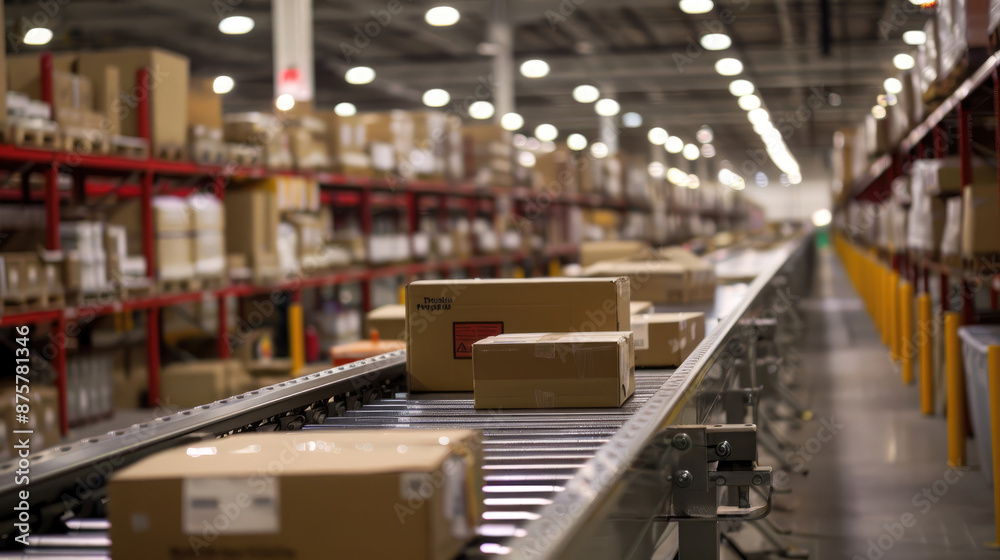 Packages Moving on Conveyor Belt in a Fast-Paced Warehouse Packages Moving on Conveyor Belt in a Fast-Paced Warehouse