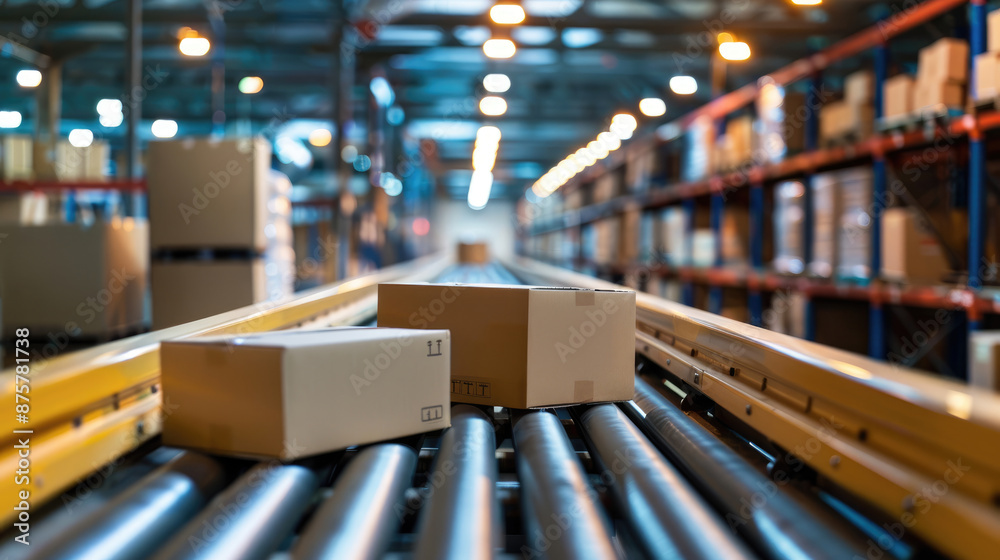 Packages Moving on Conveyor Belt in a Fast-Paced Warehouse Packages Moving on Conveyor Belt in a Fast-Paced Warehouse