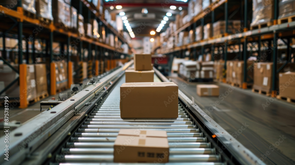 Packages Moving on Conveyor Belt in a Fast-Paced Warehouse Packages Moving on Conveyor Belt in a Fast-Paced Warehouse