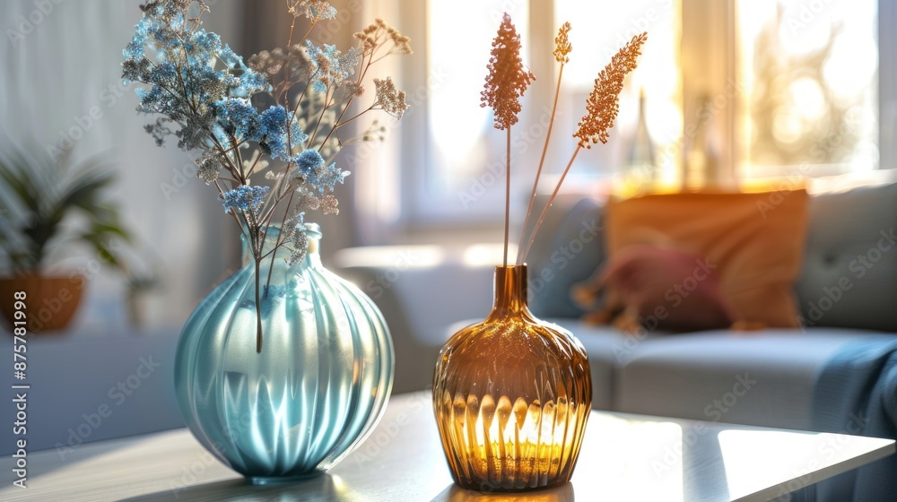 Fototapeta premium Two Vases with Dried Flowers on a Coffee Table