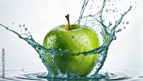 A promotional photo of a green apple in a splash of water on a white background.