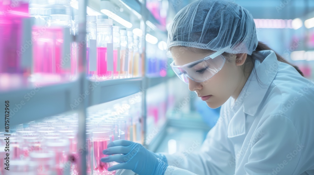 A female scientist in a lab coat and safety goggles examines a test tube filled with a pink liquid. A female scientist in a lab coat and safety goggles examines a test tube filled with a pink liquid.