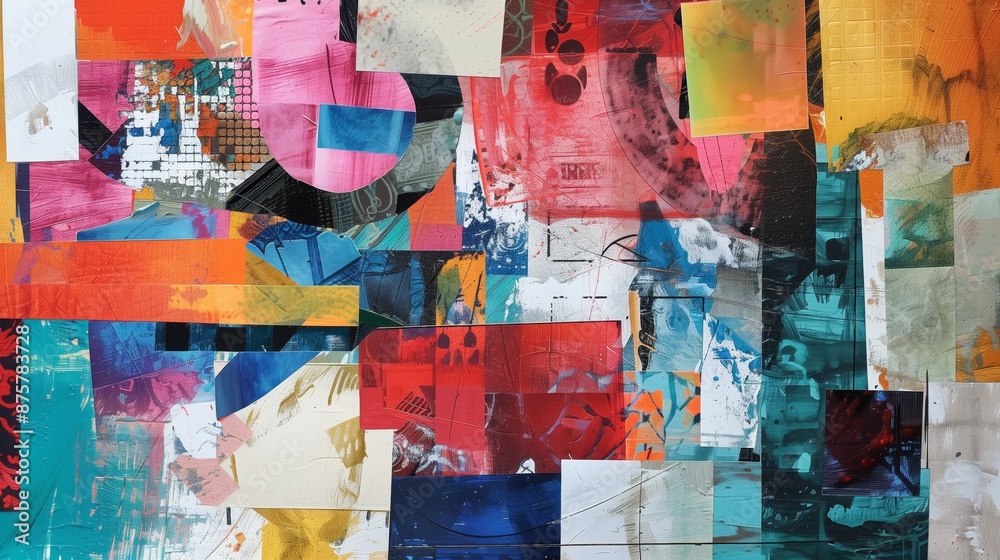 Fototapeta premium Abstract collage using textured paper, vibrant paints, and dynamic shapes for a captivating composition.
