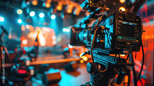 Video Camera in Use During Media Production in Recording Studio