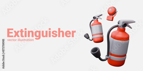 Realistic fire extinguisher with white label, fire alarm. Fire safety equipment