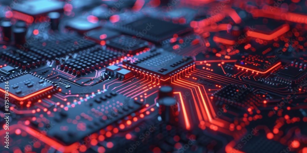 Circuit Board Close Up with Red Lights, Circuit Board Close Up with Red Lights,