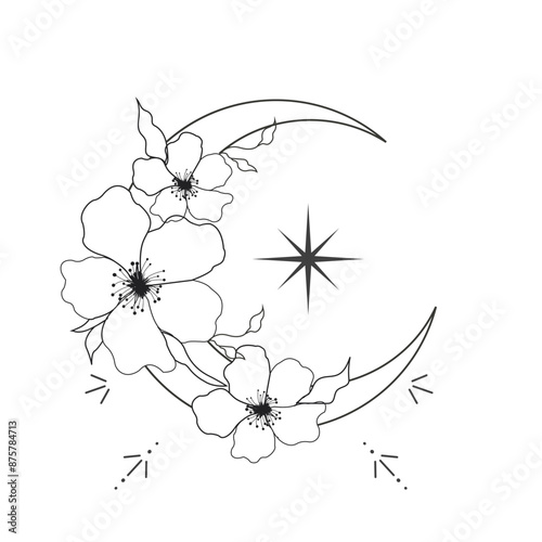 Elegant thin line moon flower contour tattoo, floral spiritual mystic element, Esoteric boho magic illustration, Line, leaves and dors decoration