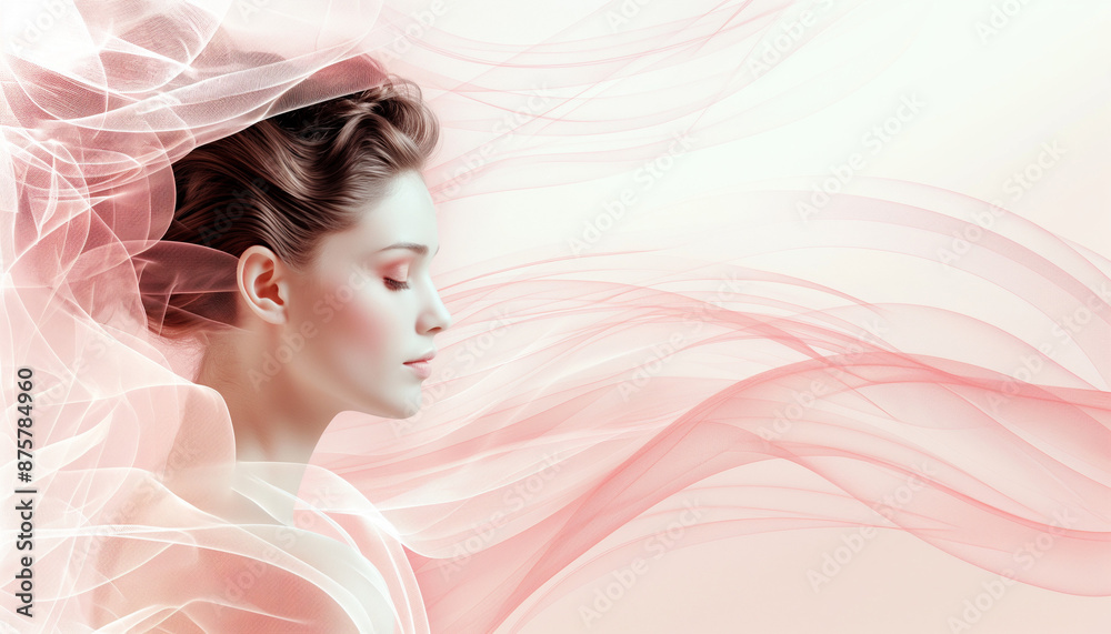 Ethereal portrait of a woman with flowing pink waves surrounding her, creating a dreamy and delicate atmosphere. Ethereal portrait of a woman with flowing pink waves surrounding her, creating a dreamy and delicate atmosphere.