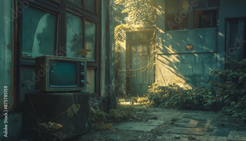 Abandoned building with overgrown plants and an old TV set, bathed in golden light.