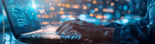 Close up of hands typing on a laptop in a dimly lit room.