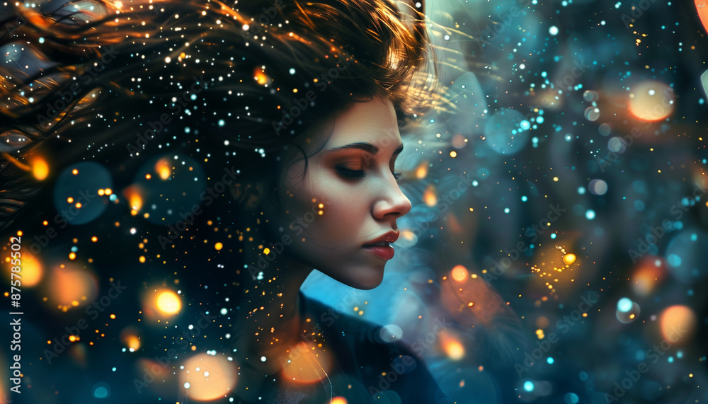 Woman's profile with flowing hair surrounded by floating lights and a dreamy background. Woman's profile with flowing hair surrounded by floating lights and a dreamy background.
