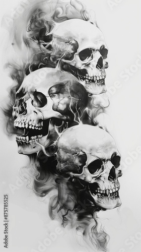 AI generated illustration of three skulls with smoke effects on a white background