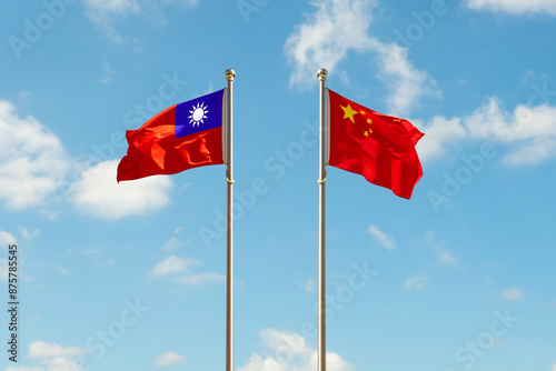 Canvas Print Taiwan and China flags, two flags waving on beautiful sky background
