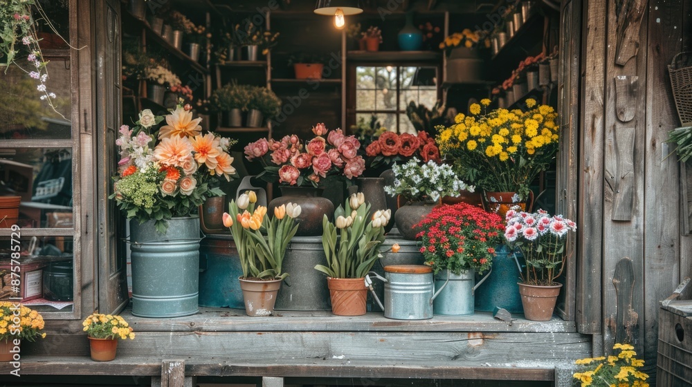 Rustic Flower Shop Windows Displaying Beautiful Blooms Rustic Flower Shop Windows Displaying Beautiful Blooms
