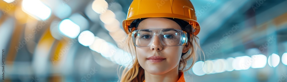 Female construction worker in hard hat and safety glasses. Female construction worker in hard hat and safety glasses.