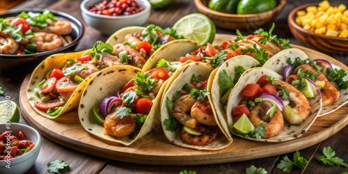 delicious tacos with beef, avocado, onion, lime, tomatoes, and salsa in a white plate